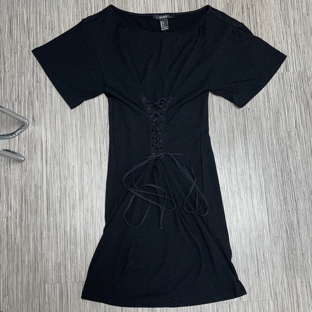 Forever21 Black Ribbed Corset like Tie front Dress